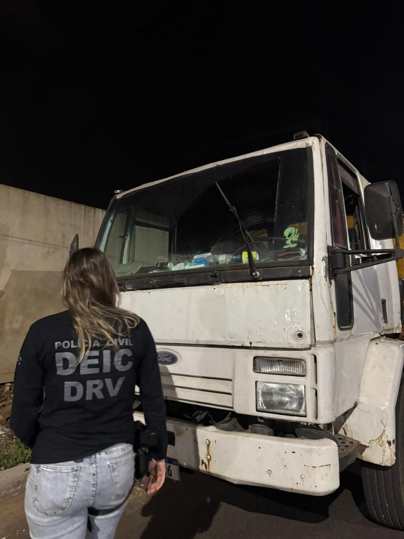 Policial civil mulher com camiseta com a escrita "DEIC DRV) de costas e caminhão branco ao fundo