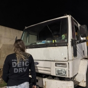 Policial civil mulher com camiseta com a escrita "DEIC DRV) de costas e caminhão branco ao fundo
