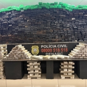 Diversos tabletes de drogas de cores claras e escuras dispostos em cima de mesa com dizeres Pol&iacute;cia Civil e den&uacute;ncia 0800 518 518