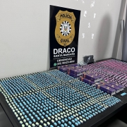 Comprimidos de ecstasy de diversas cores espalhados sobre uma mesa com placa da Pol&iacute;cia Civil com inscri&ccedil;&atilde;o Draco ao fundo