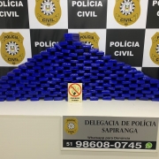 Drogas embaladas em envelopes azuis empilhados em formato de tri&acirc;ngulo em cima de uma mesa com a logo da pol&iacute;cia ao fundo